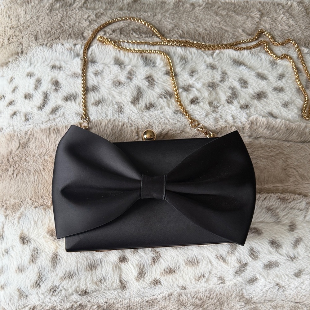 Black Bow Satin Clutch with Gold Chain